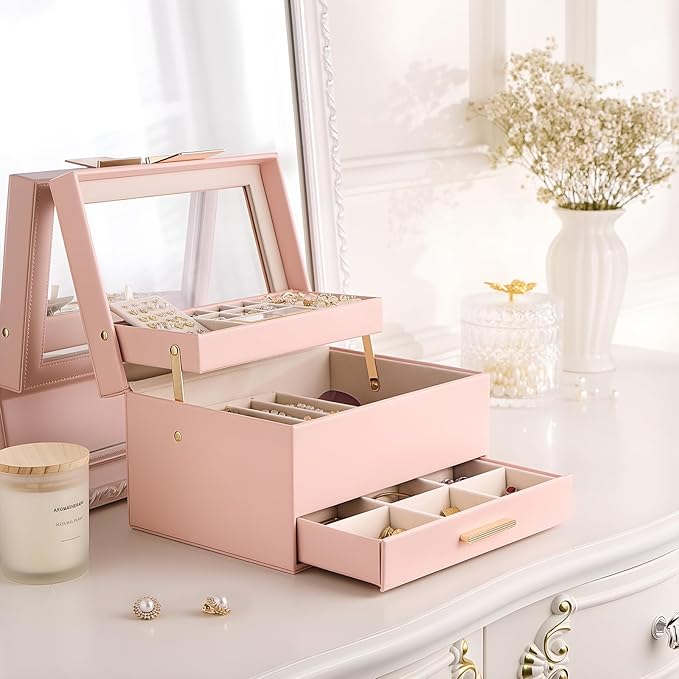 Lolalet Jewelry Box, Clear Window Jewelry Organizer with Drawer for Earrings Bracelets Necklaces Rings, Jewelry Storage for Women -Pink, 3 Layers
