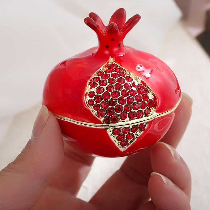 Hand Painted Fruit Trinket Box for Home Decor, Hinged Jewelry Organizer Storage, Unique Personalized Collectible Keepsake Figurine Handmade Decorative Ornament Gifts (Pomegranate)