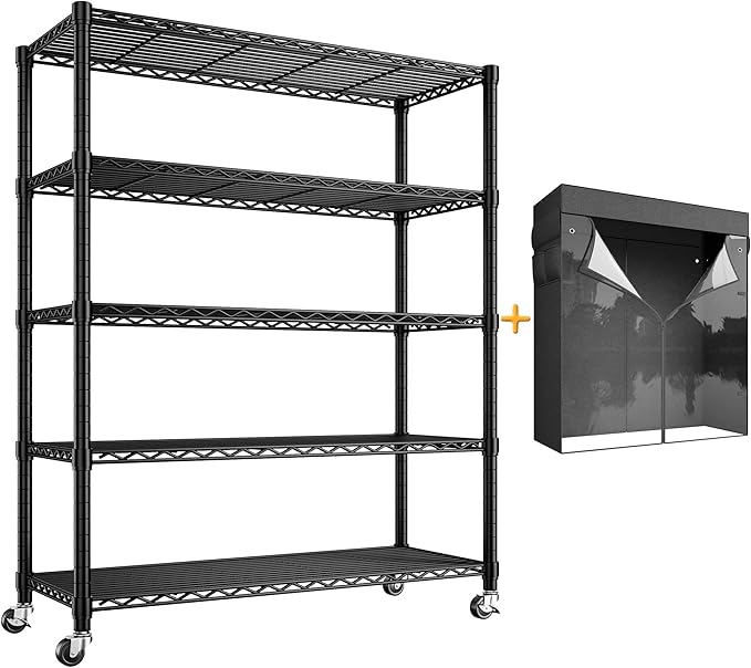 REIBII 72.8" H Storage Shelves with Cover & Wheels, Wire Shelving Heavy Duty Metal Shelving for Pantry Kitchen Garage, Storage Rack Shelf Shelving for Commercial Industrail, 35" W*16" D*72.8" H
