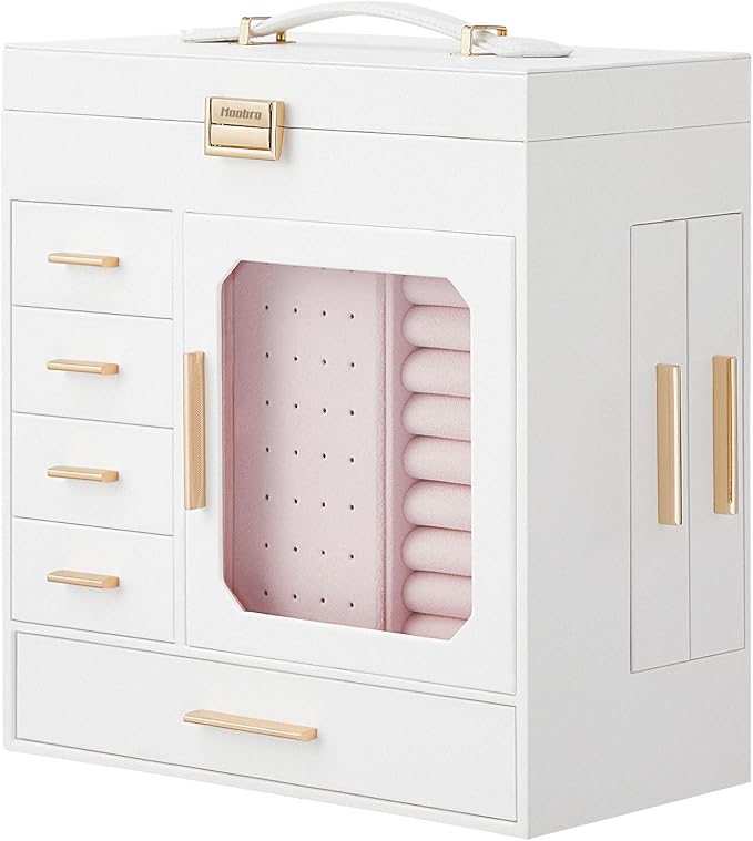 HOOBRO Jewelry Box with Mirror, Jewelry Organizer Box with Capacious Storage Space, Vertical Storage, Glass Cover, Modern Style, White and Light Gold WT06JB04G1