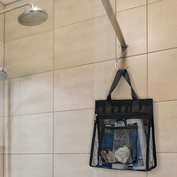 F-color Mesh Shower Caddy Portable Hanging - 3 Pockets Small Shower Bag Tote with Zipper Closure for Camping, Gym Lockers, Travel, Toiletry, Quick Dry Bathroom Essentials with S Hook, Black