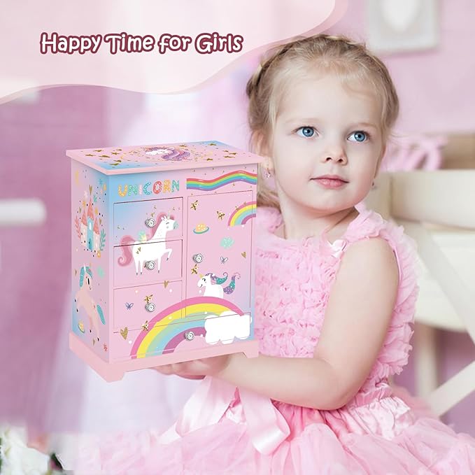 Large Jewelry Box for Girls 5-Layer Music Box with Spinning Ballerina Unicorn Necklace & Bracelet Set Kids Jewelry Organizer Birthday Christmas Gift for 5-8 Year Old Girls(Pink&Blue)