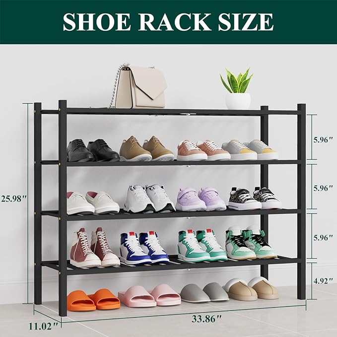 Smiry Shoe Rack, 4 Tier Thick Long Bamboo Shoe Organizer, Stackable Free Standing Wooden Shoe Storage Shelf for Closet, Entryway, Front Door Entrance, Black