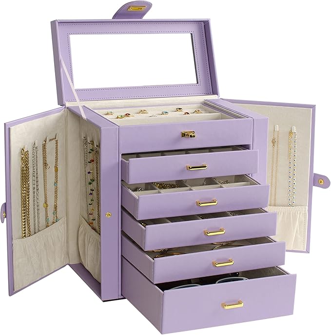 AKOZLIN Large Jewelry Box Organizer Functional with Big Mirror, Leather Jewelry Storage Case for Women Girls Ring Necklace Earring Bracelet Holder Organizer Violet