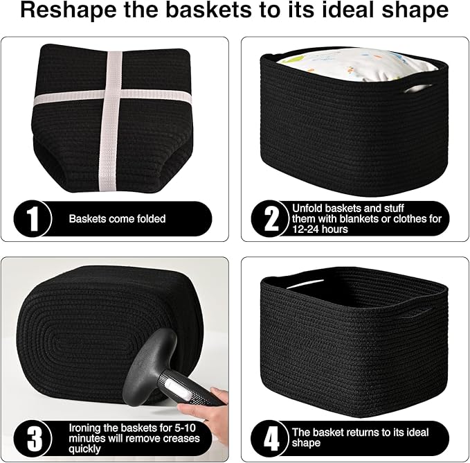 ICERZCZ Black Storage Baskets for Shelves, Small Storage Baskets for Organizing, Woven Cotton Rope Baskets for Storage, Book Basket, Decorative Shelf Basket, 12.5"Lx9.1''Wx7.9''H (4 Packs) Black