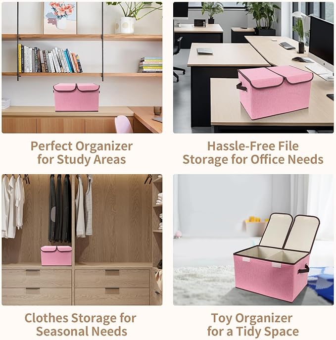 Foldable Fabric Storage Box, 16.5 x 11.8 x 9.8 inches (L x W x H), with Double-Lid & Dividers, Large Organizer for Home, Closet, Office(Pink, 3 Packs)