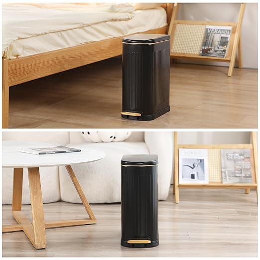 SYNCVIBE Slim Bathroom Trash Can with Lid Stainless Steel Garbage Can Soft Close Step Trash Bin with Removable Inner Bucket for Bedroom, Office, Kitchen (Matt Black, 3.5 Gallons)