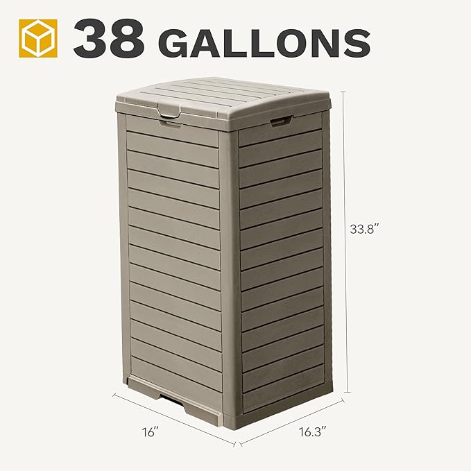 DWVO 38 Gallon Large Outdoor Trash Can, 2-Pack Waterproof Resin Hideaway Garbage Bin with Lid and Drip Tray, Outside Trash Bin for Porch, Backyard, Deck, Patio, Poolside, Easy to Clean, Taupe