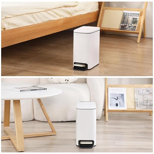 SYNCVIBE Slim Bathroom Trash Can with Lid Soft Close, Stainless Steel Garbage Can Step Trash Bin with Removable Inner Bucket for Bedroom, Office, Kitchen (Matt White, 1.8 Gallons)