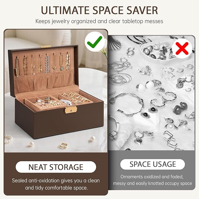 AKOZLIN Travel Jewelry Box Organizer Functional 2-trays Leather Jewelry Storage Case with Lockable Portable for Women Girls Ring Necklace Earring Bracelet