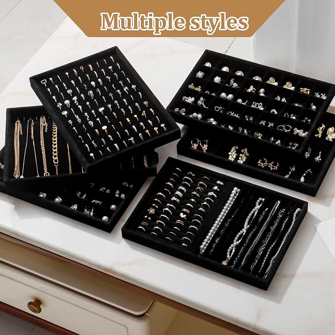 Large Velvet Jewelry Tray 2 Pack Stackable Jewelry Display Drawer Inserts Trays Organizer for Earring Bracelet Necklace Ring (Black, 35 Grids)