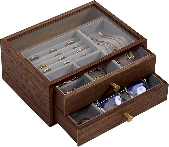 Black Walnut Jewelry Organizers and Storage,2 Layer Wooden Jewelry Boxes for Women,for Necklaces Ring Earring (2 Layer)