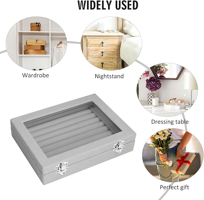 Vicoter Rings Organizer Tray 7 Slots Velvet Jewelry Earring Storage Box with Transparent lid Jewelry Display Case for Girls Wife Mom Women (Grey)