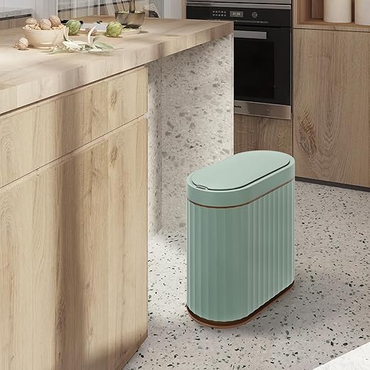 ELPHECO Bathroom Trash Can with Automatic Lid, 2 Gallon Sensor Trash Bin, Smart Garbage Can, IPX5 Waterproof Slim Trash Bin, Motion Sensor Wastebasket for Office, Kitchen, Sage Green Gold