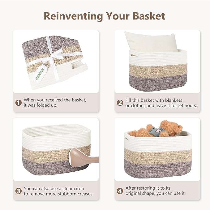 ECDYQXVU Cotton Rope Storage Baskets,15x10x9 in,Foldable Storage Bins, Decorative Woven Basket Cube Storage Organizer for Laundry, Towel, Clothes (White/Beige-3Pack, 15x10x9 inches)