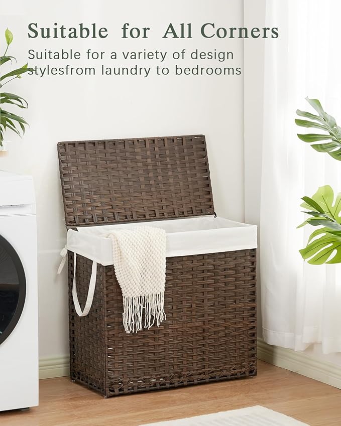 SETVSON Laundry Hamper with Lid Laundry Basket 132 L (35 Gal) Wicker Clothes Hamper, Handwoven Rattan Hamper with Handles and 4 Removable Liner Bags, 6 Mesh Bags for Laundry Bedroom Brown