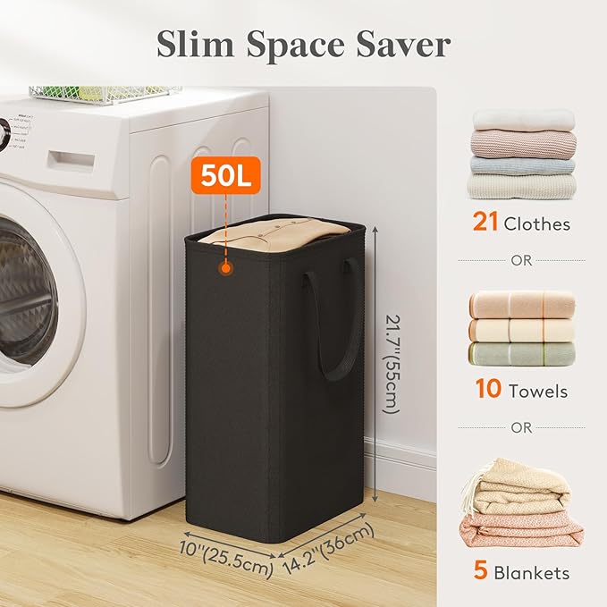 Lifewit 50L Slim Laundry Hamper, Narrow Laundry Basket with Easy Carry Handles, Small Tall Collapsible Dirty Clothes Bin in Bathroom, Bedroom, Dorm, College, Black