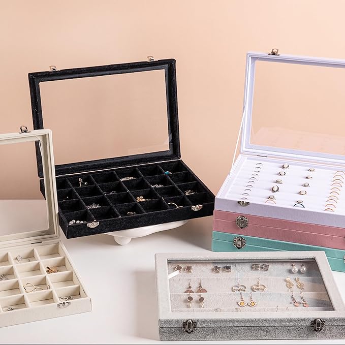 Frebeauty Rings/Earrings Organizer Tray with Clear Lid 10 Slots Velvet Drawer Insert Jewelry Storage box Transparent Glass lid Jewelry Display Case Showcase Gift for Girls Women (White, 10 Slots)