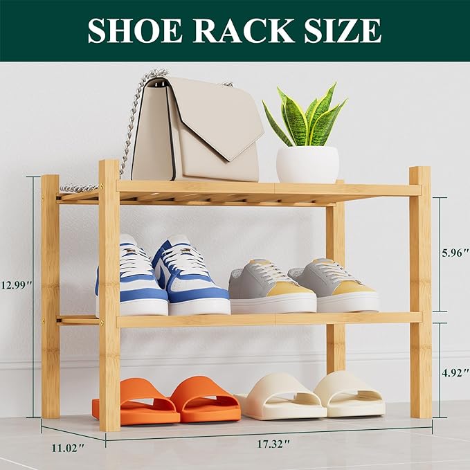 Smiry Shoe Rack, 2 Tier Thick Small Bamboo Shoe Organizer, Stackable Free Standing Wooden Shoe Storage Shelf for Closet, Entryway, Front Door Entrance, Natural