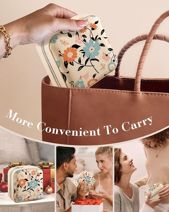Bistup Travel Jewelry Case - Small Jewelry Organizers and Storage Box for Women Girls Teens Cute Traveling Jewelry Holder with Mirror Little Tiny Compact Blue Floral Modern Unique Aesthetic Pretty