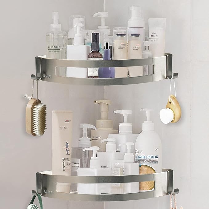 NearMoon Bathroom Shower Caddy 2 Pack, No Drill 304 Stainless Steel Shower Organizer with 2 Hooks (Corner Shelf, Brushed Nickel)