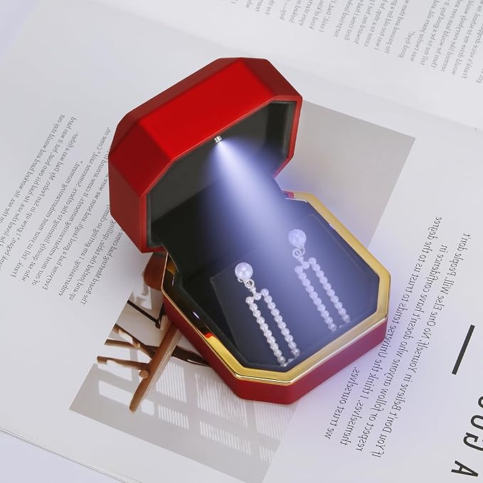 Luxury LED Jewelry Earring Pendant Stud Box, Velvet Earring Necklace Gift Box Storage Case Organizer Holder for Proposal Engagement Wedding Anniversary Birthday Ceremony (Red)