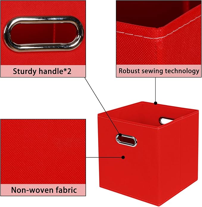 Fabric storage bins Cubes, Fabric Cube Organizer with Handle, Foldable Cube Bins for Cloth or Accessary Storage, 11x11x11, Set of 6, (Red)