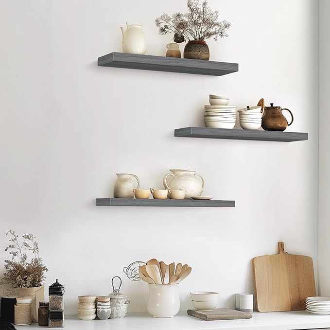BAYKA Grey Floating Shelves for Wall 22.5 inch, Wall Mounted Shelf for Bedroom, Living Room, Kitchen – Wood with Hidden Metal Brackets, 22LBS Capacity, 6.7” Deep – Storage for Books, Plants, Decor