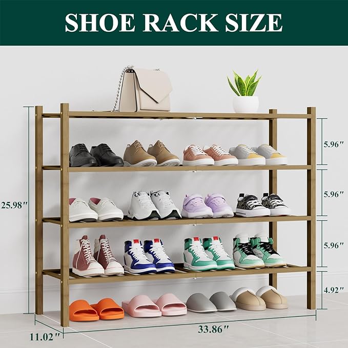 Smiry Shoe Rack, 4 Tier Thick Long Bamboo Shoe Organizer, Stackable Free Standing Wooden Shoe Storage Shelf for Closet, Entryway, Front Door Entrance, Walnut