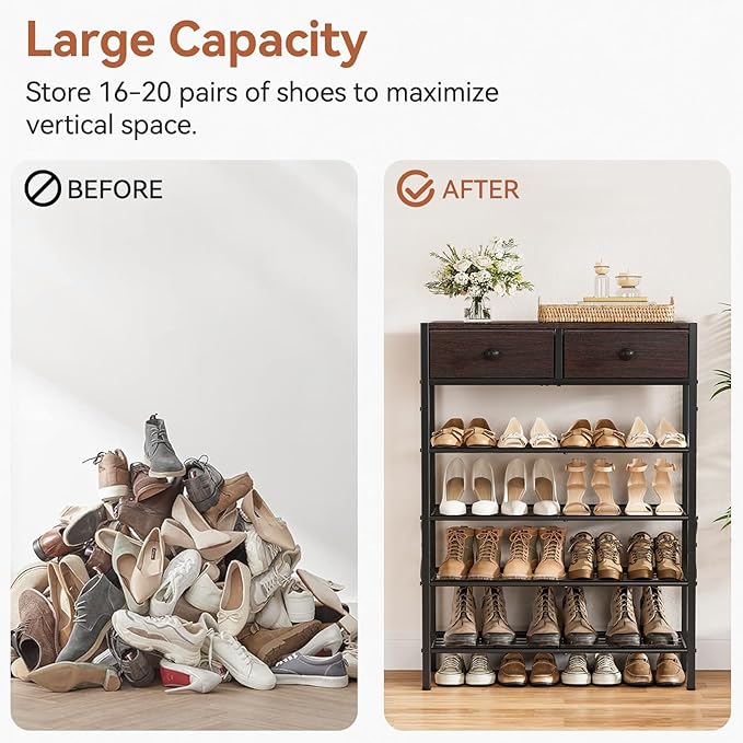 Shoe Rack for Entryway, 5 Tier Shoe Organizer with 2 Non-Woven Drawers, Metal Storage Shoe Shelf for 16-20 Pairs of Shoes, with Wooden Top and Steel Frame, Shoe Stand for Closet Dark Brown