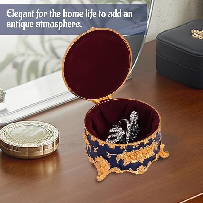 Vintage Jewelry Box, Gold Round Treasure Ring Box, Metal Trinket Organizer Keepsake Box Gift for Girl Women, Deep Blue