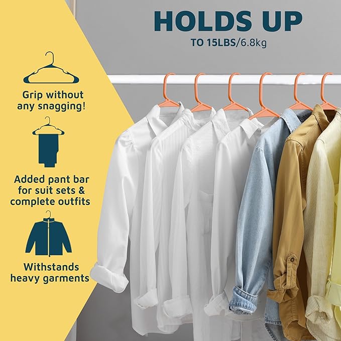 Lifemaster Plastic Clothes Hangers – Heavy Duty Hanger Set, for Organizing Clothes, Dresses, and Coat, Holds Up to 5 lbs, Space-Saving Hangers with Non-Slip Shoulder Grooves, Pack of 50, Orange