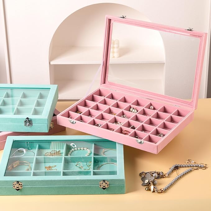Frebeauty Velvet Jewelry Tray,35 Grid Jewelry Organizer with Clear Lid,Earring Holder Organizer Case with Clasp,Drawer Insert for Rings Studs,13.8 x 9.5 x 2 Inches,Gift for Women Girls(Turquoise)