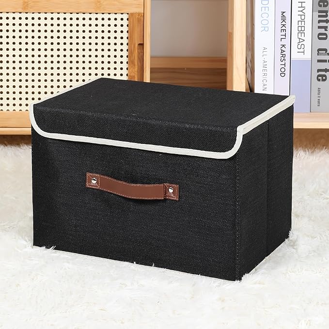 ANMINY Storage Bin with Lid Storage Boxes with PU Leather Handles PP Plastic Board Decorative Foldable Lidded Cotton Linen Fabric Home Cubes Baskets Closet Organizer Container - Black, Medium