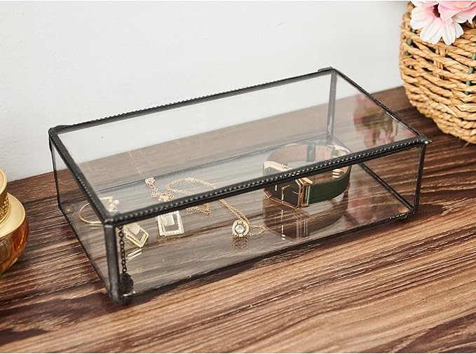 Vintage Glass Jewelry Box Keepsake Box with Hinged Lid, Great for Storage Trinket/Jewelry/Card/Photo, Black Decorative Box for Dresser-15612EX