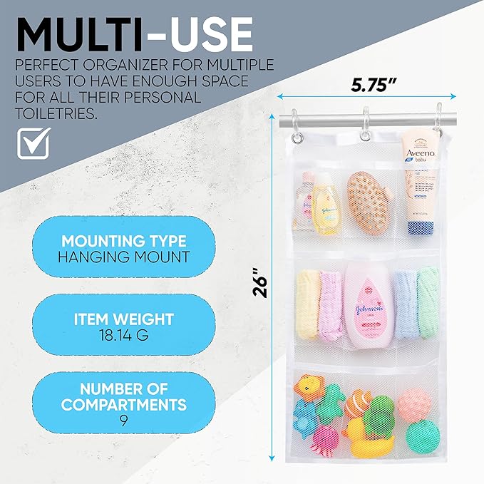 Handy Laundry Shower Curtain Bathroom Organizer -9 Pockets- Perfect for Organizing Home Bath, Your Toiletries and kid's Toys in Nine Durable Deep Mesh Pockets. Hang on Existing Shower Curtain Rings.