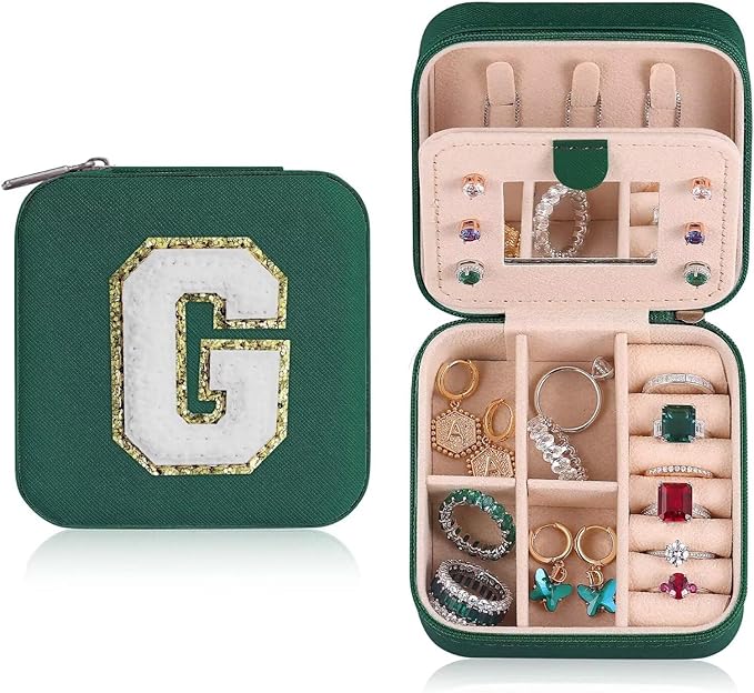 ETHOON Jewelry Travel Case Small Organizer Stocking Box Personalized Gifts Teenage Jewelry Accessories Holiday Christmas Gift for Women Green, Letter G