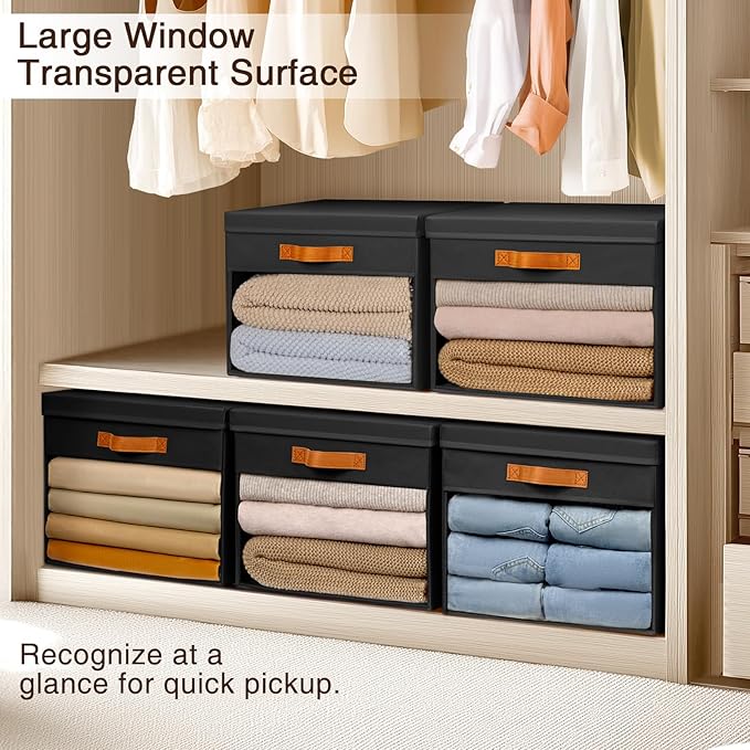 Homsorout Large Storage Bins with Lids - 6 Pack Foldable Decorative Organizers with Clear Windows & Handles, Cube Storage Organizers for Clothes, Blankets, Sweaters, CD, Black