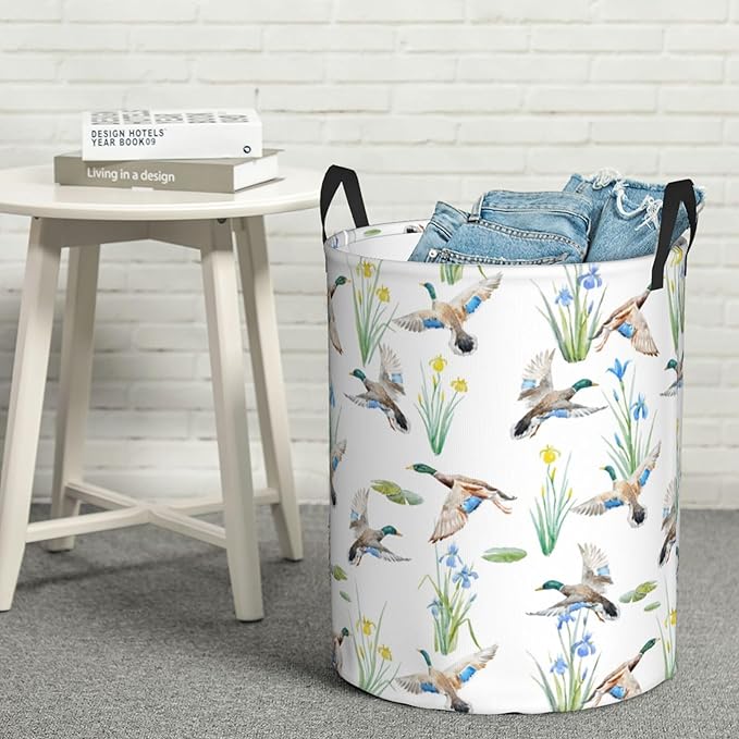 Laundry Basket Watercolor Mallard Duck Room Decor,Round Laundry Hamper Waterproof Dirty Clothes Hamper Collapsible Laundry Baskets With Handles,Toy/Clothes Storage Basket For Home Dorm Bathroom Decor