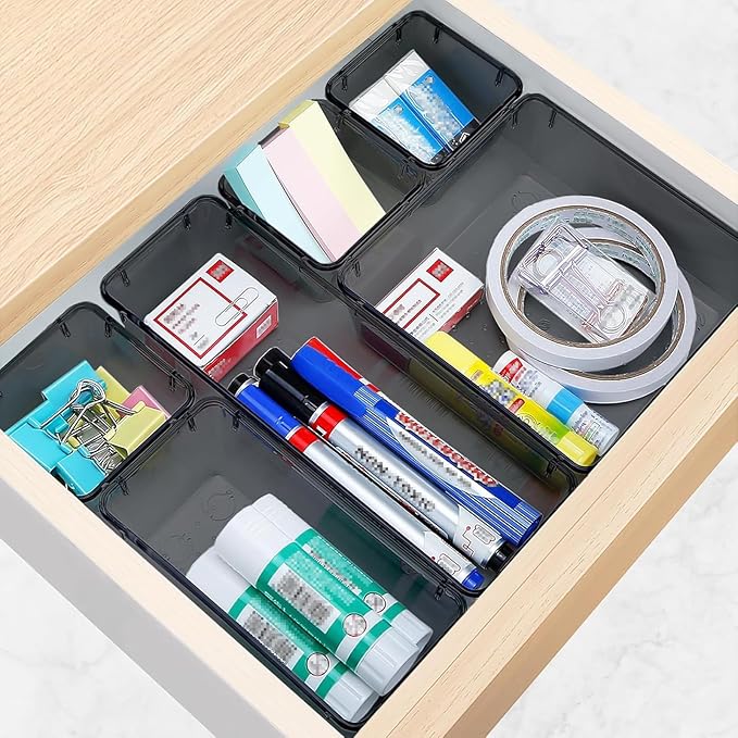 StorMiracle 25 PCS Drawer Organizer Set, 4 Varied Size Bathroom and kitchen Drawer cabinet organizer Trays, Clear Storage Bins for Makeup, Jewelry, Utensils and Gadgets,Black