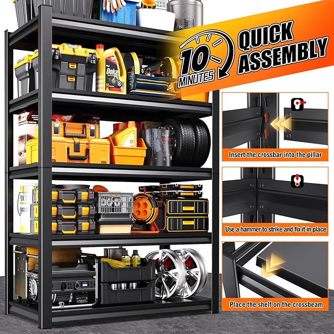 46''W Storage Shelves,3000LBS Garage Shelving,Adjustable Garage Shelves,Heavy Duty Metal Shelving, 5 Tier Wood Utility Steel Shelf, Easy-to-Install Shelving Units and Storage 71.2''x46''x19.7
