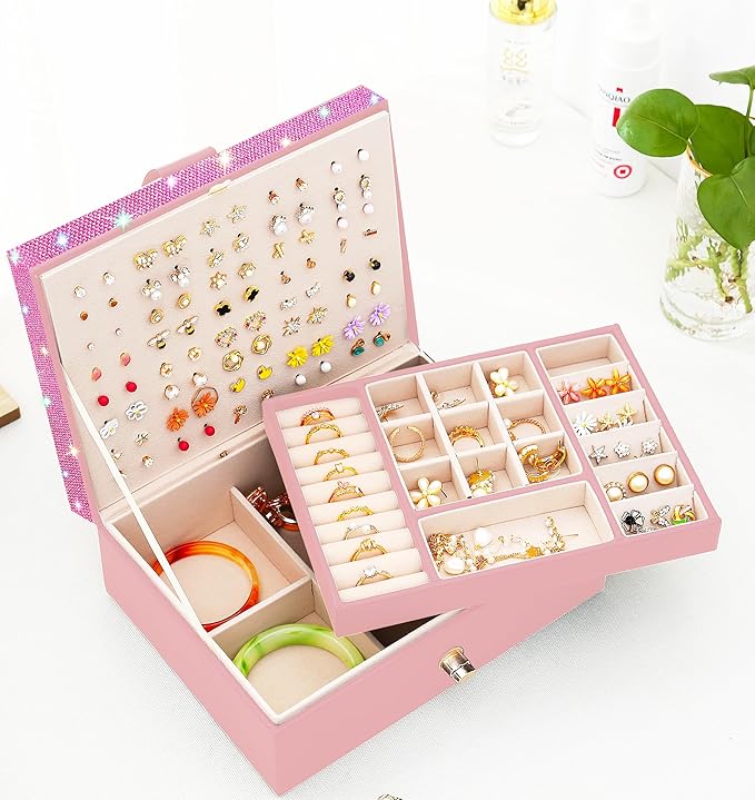 QBestry Jewelry Box for Earrings for Girls Jewelry Organizer Box Earring Holder Organizer for Girl Earring Box Jewelry Box Stud Earring Organizer for Girls Earring Jewelry Boxes for Women Pink Bling