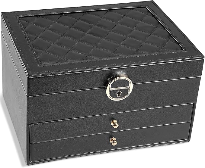 3-Layer Jewelry Box for Women, Jewelry Organizers and Storage with Removable Jewelry Tray, Vintage Quilted Top Lockable Jewelry Holder Gift Idea Black