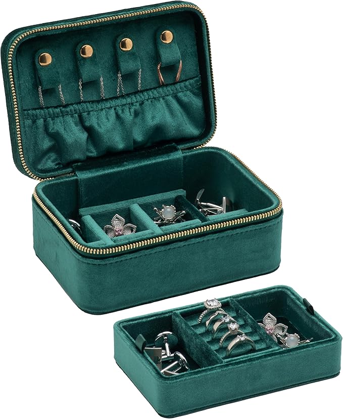 Velvet Travel Jewelry Organizer Box with Zipper Around Portable Accessory Display Tray Holder Storage Case for Multiple Earrings Rings Necklaces Bracelets (Green)