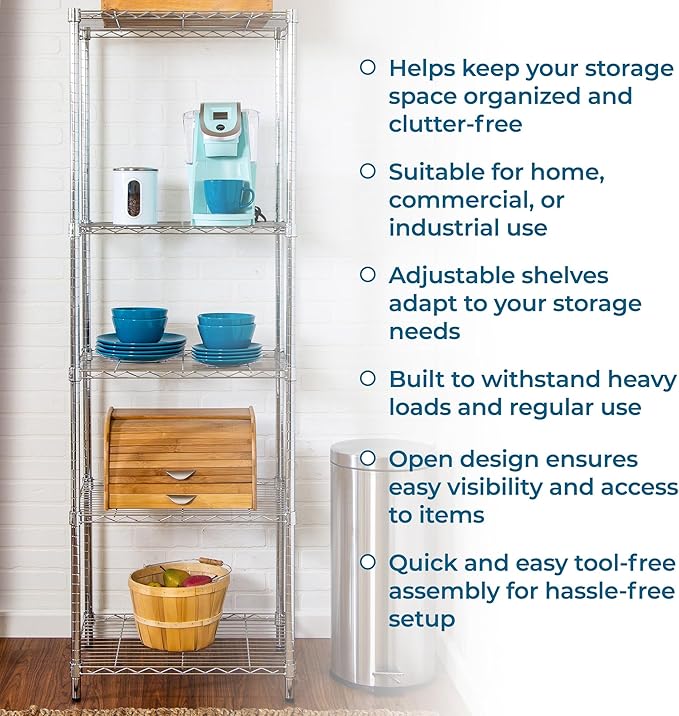 Honey-Can-Do 5-Tier Heavy Duty Adjustable Shelving Unit, 250-lb Per Shelf NSF Certified Metal Storage Rack, Chrome Wire Shelf for Kitchen Pantry Garage, 24 x 18 x 72 in