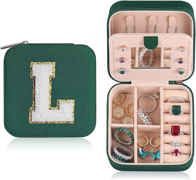 ETHOON Jewelry Travel Case Small Organizer Stocking Box Personalized Gifts Teenage Jewelry Accessories Holiday Christmas Gift for Women Green, Letter L
