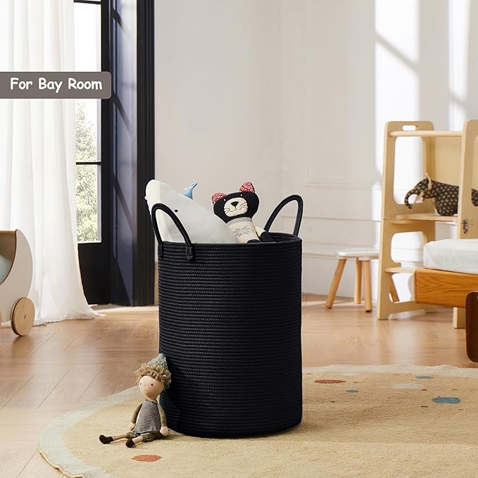 60L Black Woven Cotton Rope Laundry Hamper Basket for Clothes Tall Modern Blanket Storage Basket in Living Room Bedroom 15Dx20H inches