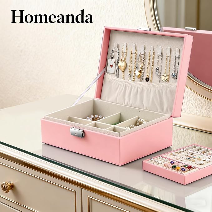 Homeanda Jewelry box 2 layer Jewelry box Leather Jewelry boxes for Women Girls Teens Jewelry organizer box Jewelry Storage box with lock(Pink)