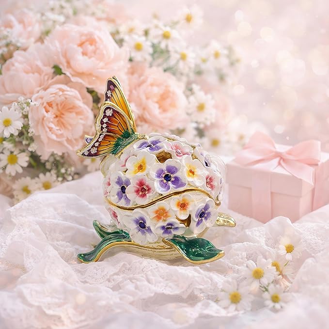 YU FENG Enamel Butterfly Trinket Box Jewelry Organizer, Decorative Hinged Keepsake Box – Butterfly with Floral Ball Design