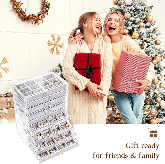 Lolalet Earring Holder Organizer Box Jewelry Storage with 9 Drawers, Clear Acrylic Stackable Earring Case with Adjustable Velvet Trays for Women on Dresser Vanity -Grey, 9 Layers